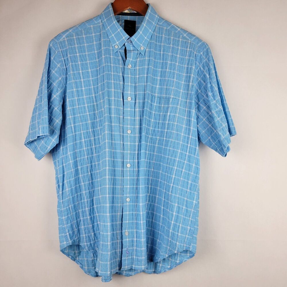 Taylor Byrd Shirt Mens XL Blue Plaid Seersucker Short Sleeve Button Down Preppy